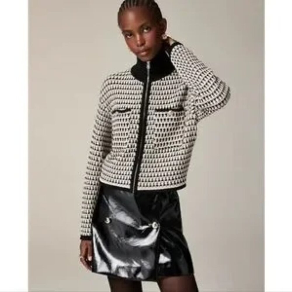 J Crew mock zip sweater jacket‎ in cotton tuckstitch in black, cream & taupe NWT